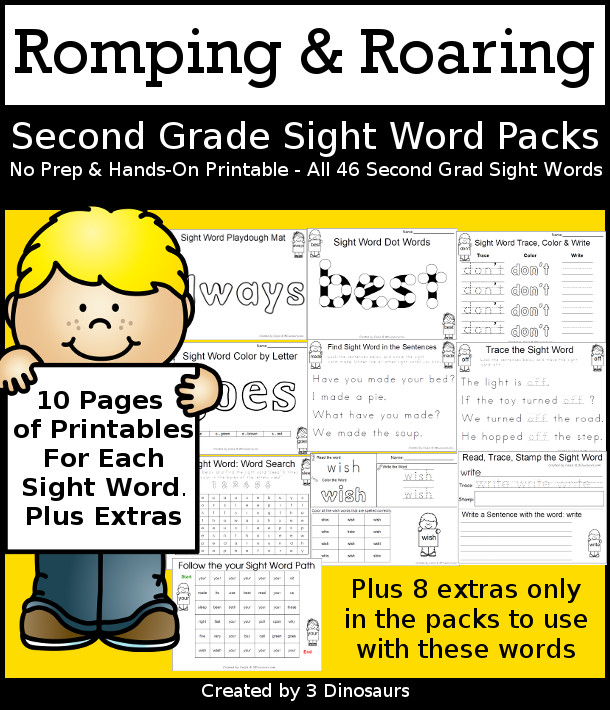 Romping & Roaring Second Grade Sight Word Packs - all 46 words together in nice package with 10 activities for each work PLUS extras only in the set - 3Dinosaurs.com
