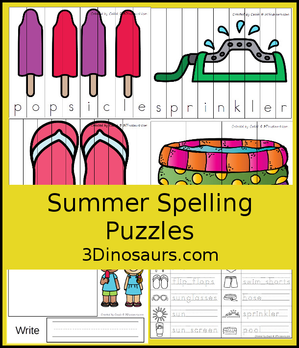 Free Summer Spelling Puzzles - 10 puzzles with building mat and recording sheet - 3Dinosaurs.com #freeprintable #spelling #summer #writingforkids