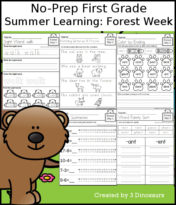 No-Prep Forest Themed Weekly Packs for First Grade with 5 days of activities to do to learn with a summer Forest theme. - 3Dinosaurs.com