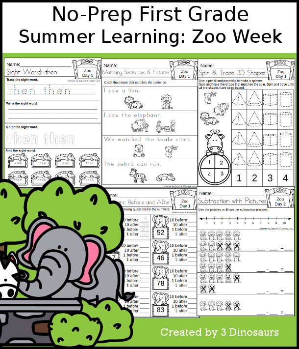 No-Prep Zoo Themed Weekly Packs for First Grade with 5 days of activities to do to learn with a summer Zoo theme. - 3Dinosaurs.com