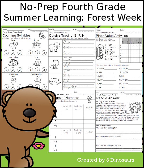 No-Prep Forest Themed Weekly Packs for Fourth Grade with 5 days of activities to do to learn with a summer Forest-  - 3Dinosaurs.com