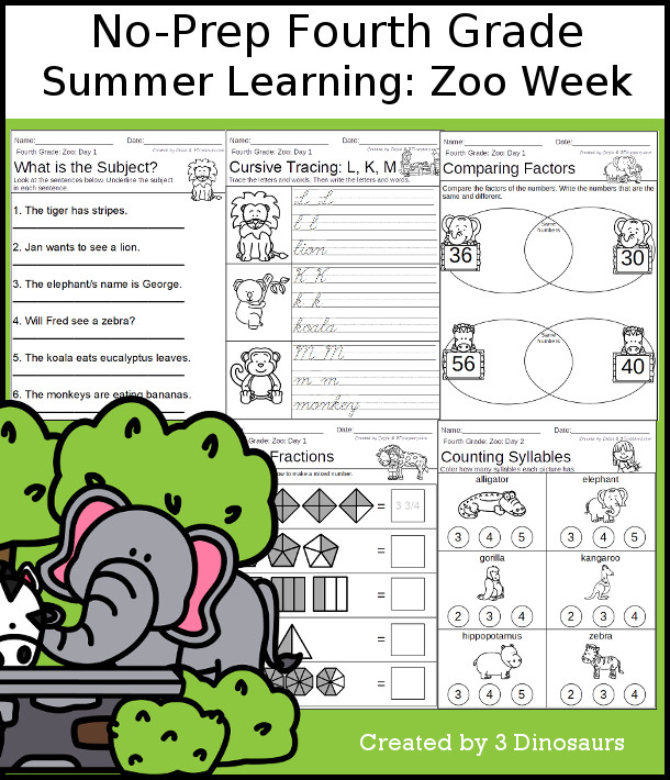 No-Prep Zoo Themed Weekly Packs for Fourth Grade with 5 days of activities to do to learn with a summer Zoo-  - 3Dinosaurs.com