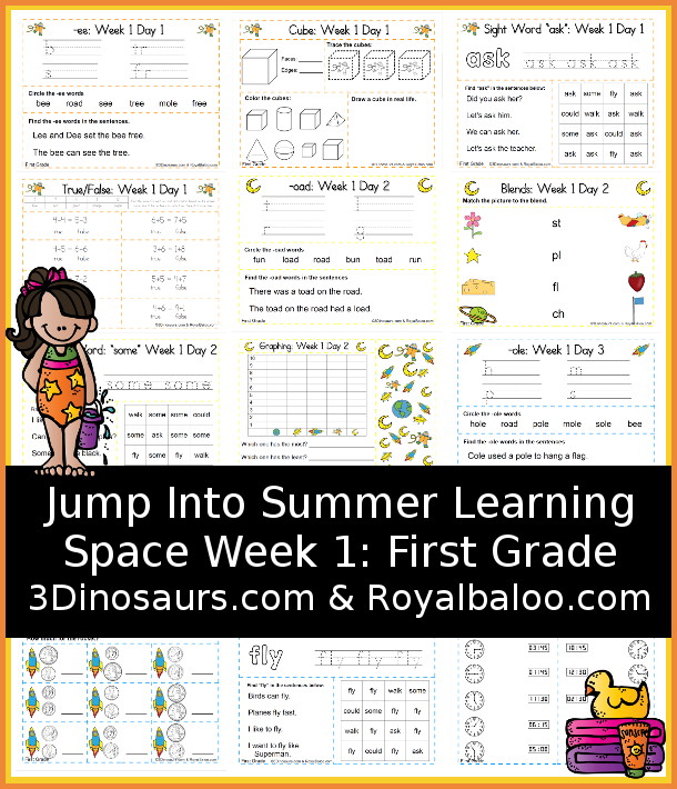 Jump In To Summer: Space Week 1 Tot Week - with long vowel words, sight words, blends, cube shape, math printables and more with 5 days of printables with four pages for each day