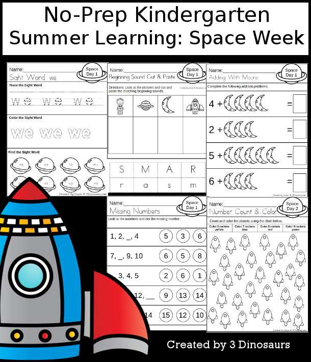 No-Prep Space Themed Weekly Packs for Kindergarten with 5 days of activities to do to learn with a summer Space theme - 3Dinosaurs.com