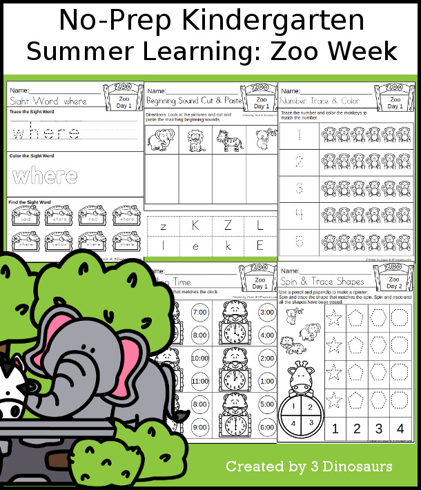No-Prep Zoo Themed Weekly Packs for Kindergarten with 5 days of activities to do to learn with a summer Zoo theme - 3Dinosaurs.com