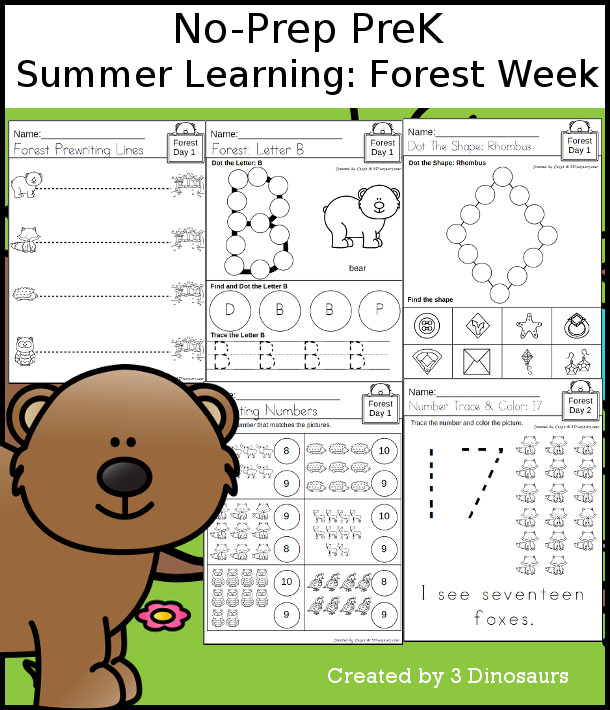 No-Prep Forest Themed Weekly Packs for PreK  with 5 days of activities to do to learn with a summer Forest theme - - 3Dinosaurs.com
