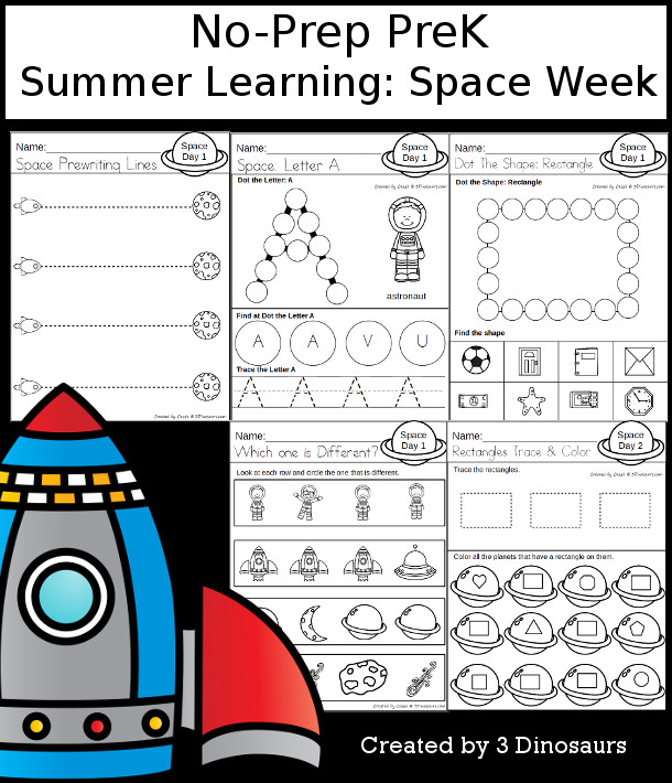No-Prep Space Themed Weekly Packs for PreK  with 5 days of activities to do to learn with a summer Space theme - - 3Dinosaurs.com