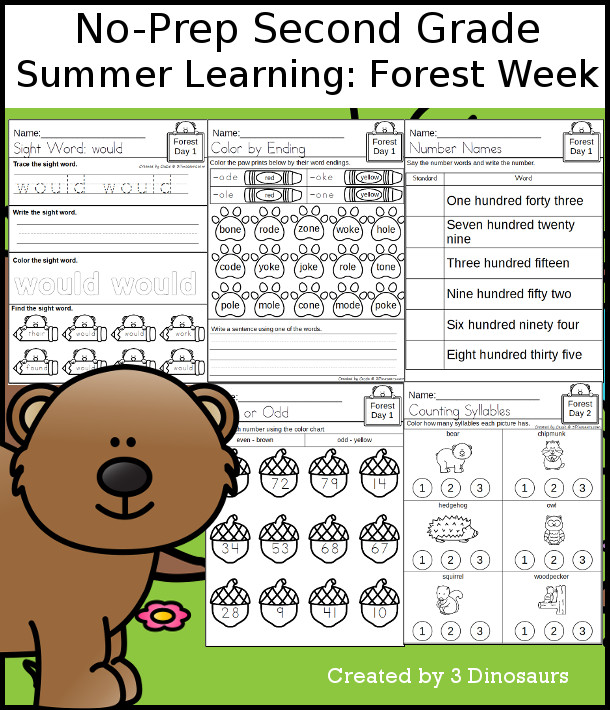 No-Prep Forest Themed Weekly Pack for Second Grade with 5 days of activities to do to learn with a summer Forest theme - 3Dinosaurs.com