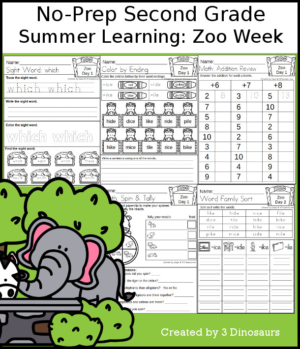 No-Prep Zoo Themed Weekly Pack for Second Grade with 5 days of activities to do to learn with a summer Zoo theme - 3Dinosaurs.com