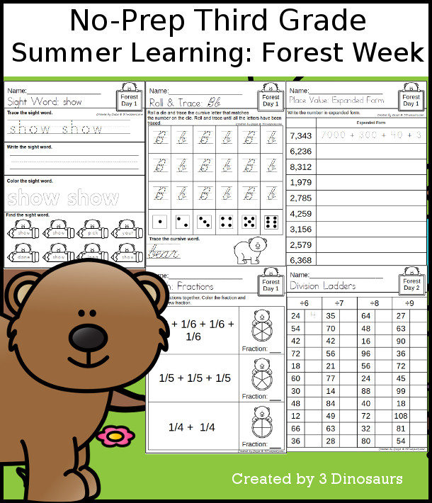 No-Prep Forest Themed Weekly Packs for Third Grade with 5 days of activities to do to learn with a summer Forest.  - 3Dinosaurs.com