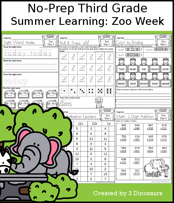 No-Prep Zoo Themed Weekly Packs for Third Grade with 5 days of activities to do to learn with a summer Zoo.  - 3Dinosaurs.com