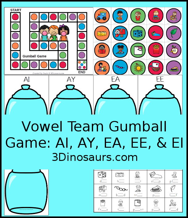 Free Candy Jar Vowel Team Game: AI, AY, EA, EE, & EI - with gameboard, gumball cards with vowel team word pictures, vowel team sorting mats and vowel team recording worksheet to go with sorting and game. - 3Dinosaurs.com