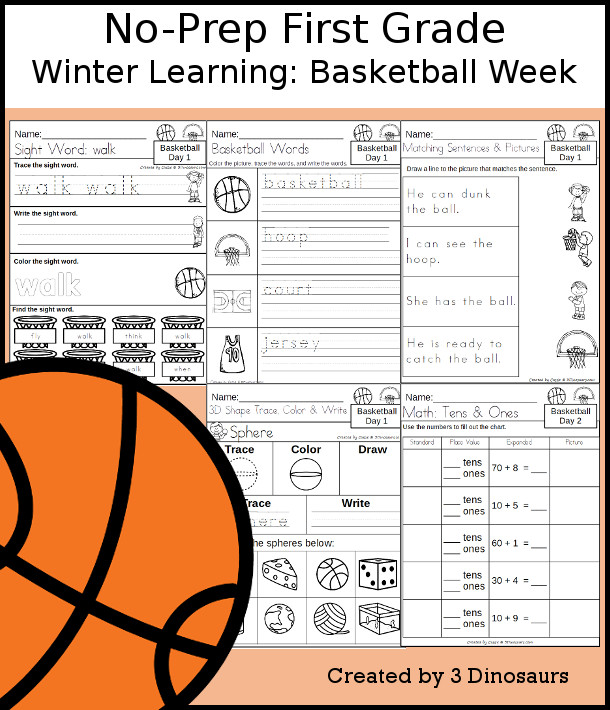 No-Prep Basketball Weekly Packs for First Grade with 5 days of activities to do to learn with a winter Basketball theme. - 3Dinosaurs.com