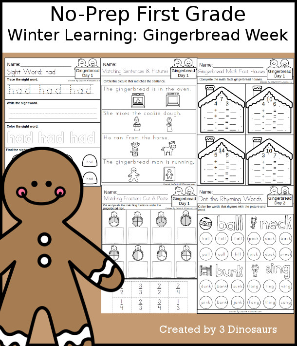 No-Prep Gingerbread Themed Weekly Packs for First Grade with 5 days of activities to do to learn with a winter Gingerbread theme. - 3Dinosaurs.com