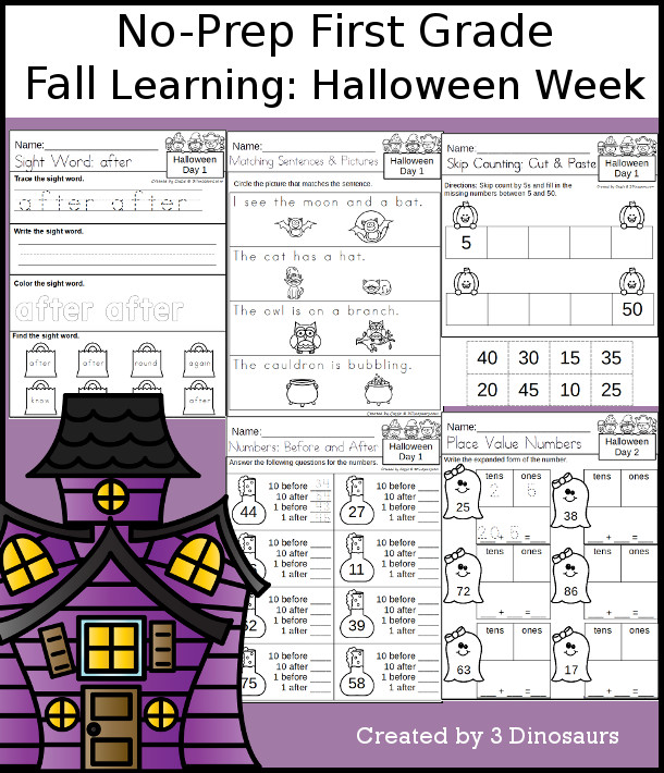 No-Prep Halloween Themed Weekly Packs for First Grade with 5 days of activities to do to learn with a fall Halloween theme - 3Dinosaurs.com