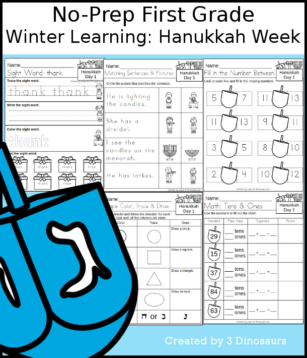 No-Prep Hanukkah Themed Weekly Packs for First Grade with 5 days of activities to do to learn with a winter Hanukkah theme. - 3Dinosaurs.com