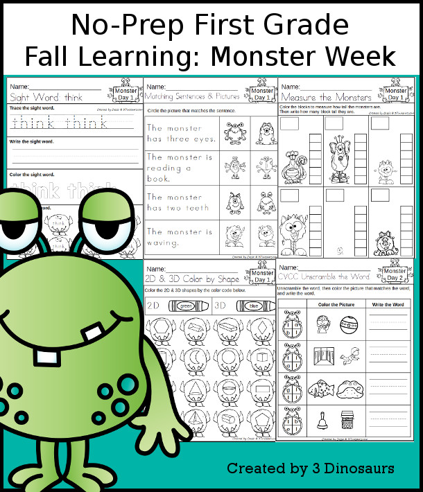 No-Prep Monster Themed Weekly Packs for First Grade with 5 days of activities to do to learn with a fall Monster theme. - 3Dinosaurs.com