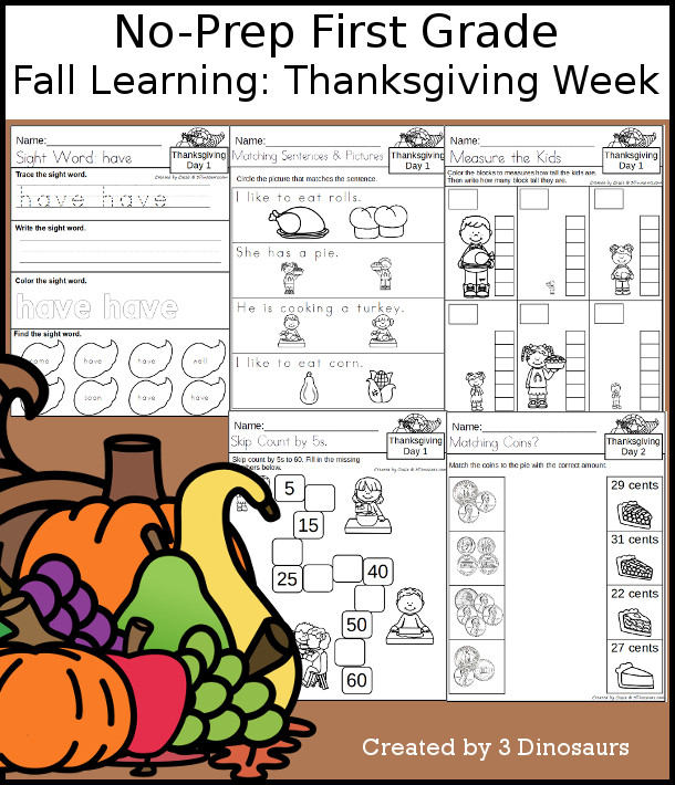 No-Prep Thanksgiving Themed Weekly Packs for First Grade with 5 days of activities to do to learn with a fall Thanksgiving theme. - 3Dinosaurs.com