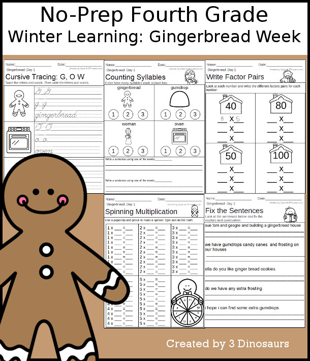 No-Prep Gingerbread Themed Weekly Packs for Fourth Grade with 5 days of activities to do to learn with winter gingerbread themed  - 3Dinosaurs.com
