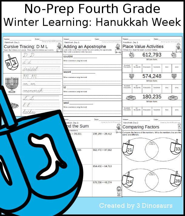 No-Prep Hanukkah Themed Weekly Packs for Fourth Grade with 5 days of activities to do to learn with a winter Hanukkah-  - 3Dinosaurs.com
