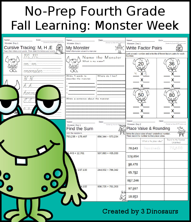 No-Prep Monster Themed Weekly Packs for Fourth Grade with 5 days of activities to do to learn with a fall Monster - 3Dinosaurs.com