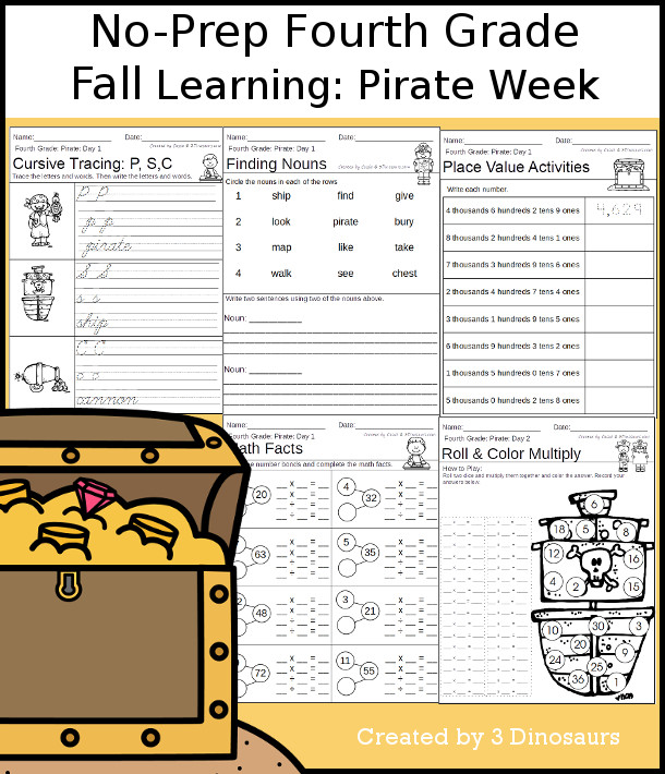 No-Prep & Hands-On Pirate Themed Weekly Packs for Fourth Grade with 5 days of activities to do to learn with a fall pirate theme - 3Dinosaurs.com
