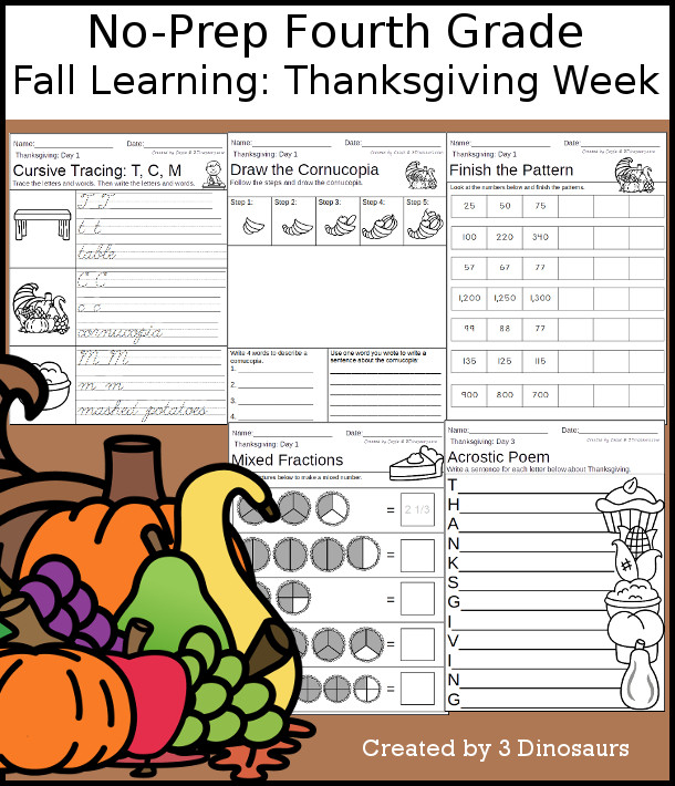 No-Prep Thanksgiving Themed Weekly Packs for Fourth Grade with 5 days of activities to do to learn with Thanksgiving Dinner for fall  - 3Dinosaurs.com