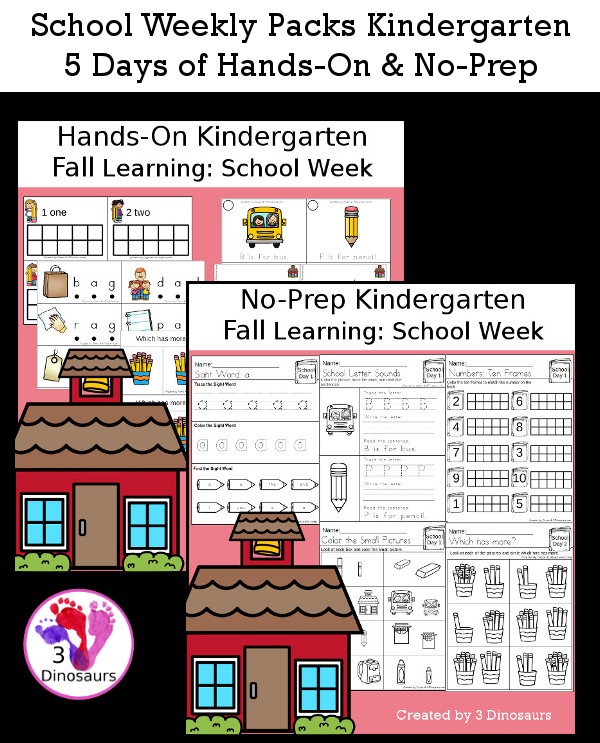 No-Prep & Hands-On School Themed Weekly Packs for Kindergarten with 5 days of activities to do to learn with a school theme - 3Dinosaurs.com