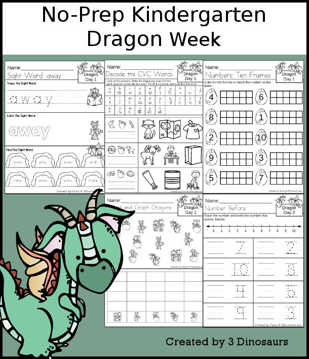 No-Prep Dragon Weekly Packs for Kindergarten with 5 days of activities to do to learn with a Dragon theme - 3Dinosaurs.com