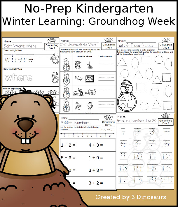 No-Prep Groundhog Day Themed Weekly Packs for Kindergarten with 5 days of activities to do to learn with a winter Groundhog Day theme - 3Dinosaurs.com