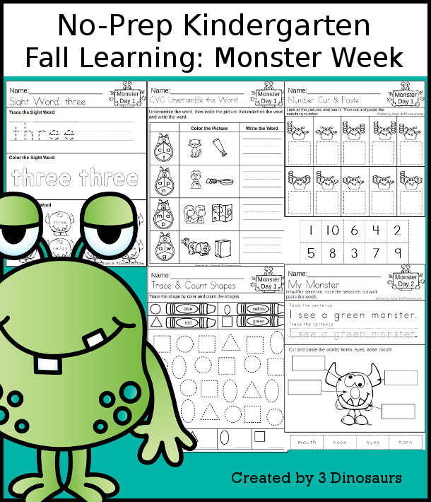 No-Prep Monster Themed Weekly Packs for Kindergarten with 5 days of activities to do to learn with a fall Monster theme - 3Dinosaurs.com