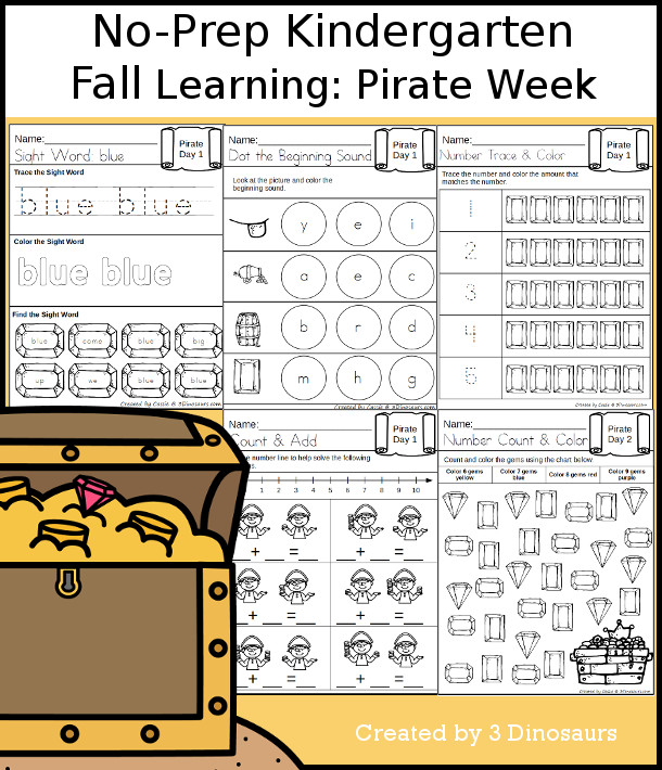 No-Prep Pirate Themed Weekly Packs for Kindergarten with 5 days of activities to do to learn with a fall pirate theme - 3Dinosaurs.com