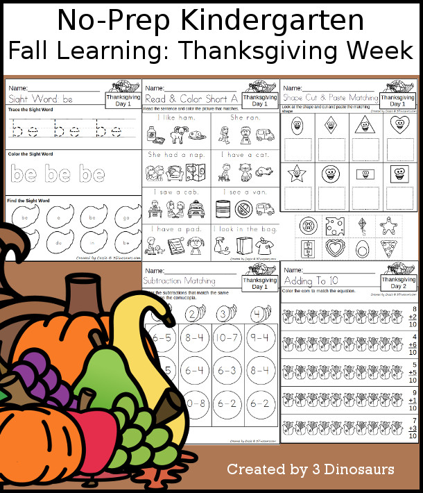 No-Prep Thanksgiving Themed Weekly Packs for Kindergarten with 5 days of activities to do to learn with a Thanksgiving theme - 3Dinosaurs.com