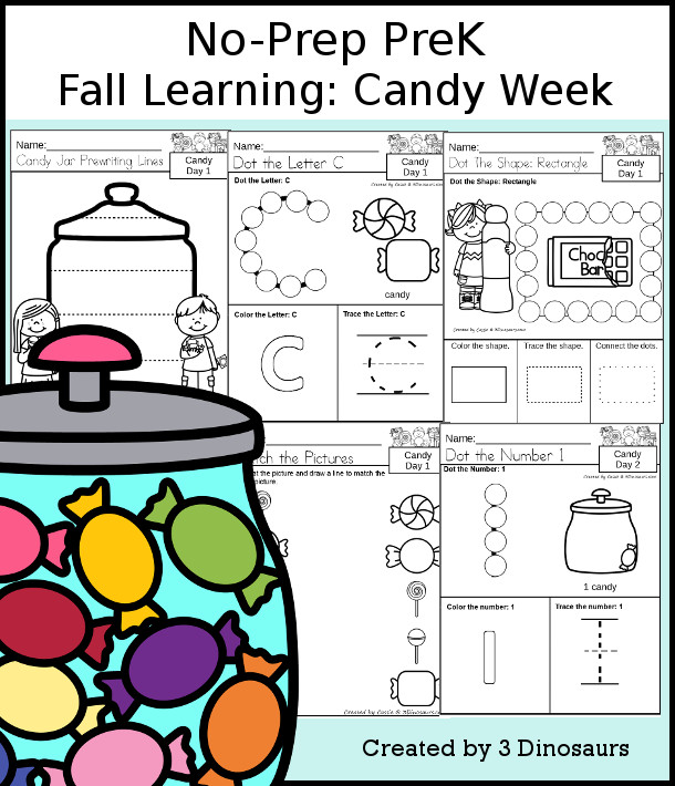 No-Prep Candy Themed Weekly Packs for PreK  with 5 days of activities to do to learn with a spring Candy theme - - 3Dinosaurs.com