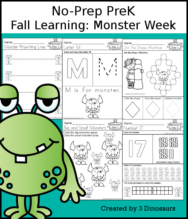 No-Prep Monster Themed Weekly Packs for PreK  with 5 days of activities to do to learn with a fall Monster theme - - 3Dinosaurs.com