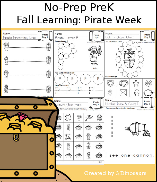 No-Prep Pirate Themed Weekly Packs for PreK  with 5 days of activities to do to learn with a fall pirate theme - 3Dinosaurs.com