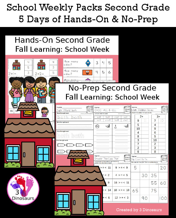 No-Prep & Hands-On School Themed Weekly Packs for Second Grade with 5 days of activities to do to learn with a school theme - 3Dinosaurs.com