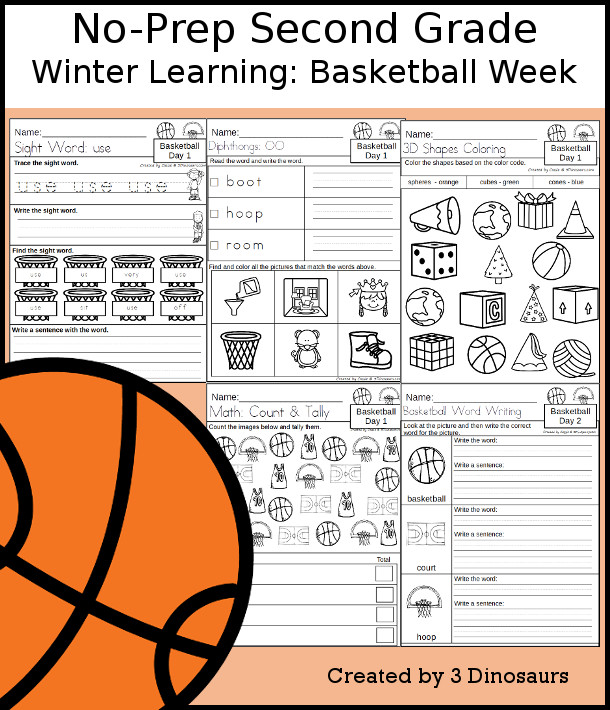 No-Prep Basketball Weekly Pack for Second Grade with 5 days of activities to do to learn with a winter Basketball theme - 3Dinosaurs.com