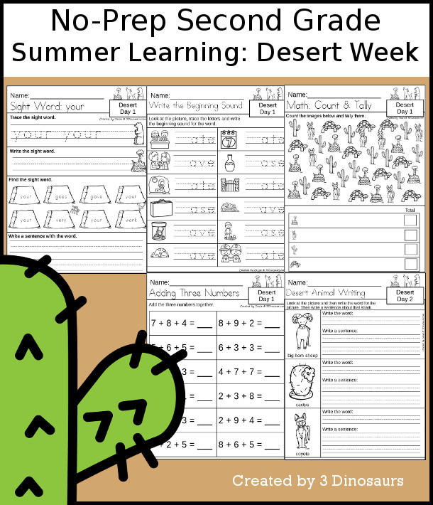 No-Prep Desert Themed Weekly Pack for Second Grade with 5 days of activities to do to learn with a summer Desert theme - 3Dinosaurs.com