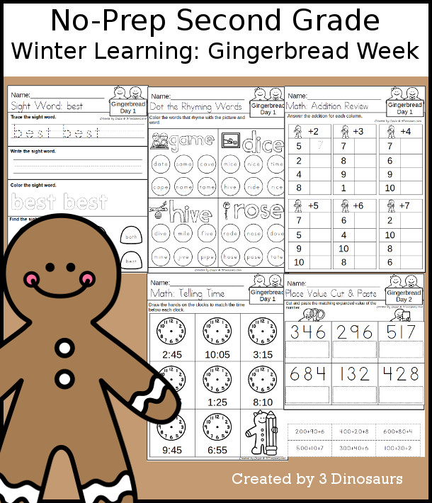 No-Prep Gingerbread Themed Weekly Pack for Second Grade with 5 days of activities to do to learn with a winter gingerbread theme - 3Dinosaurs.com
