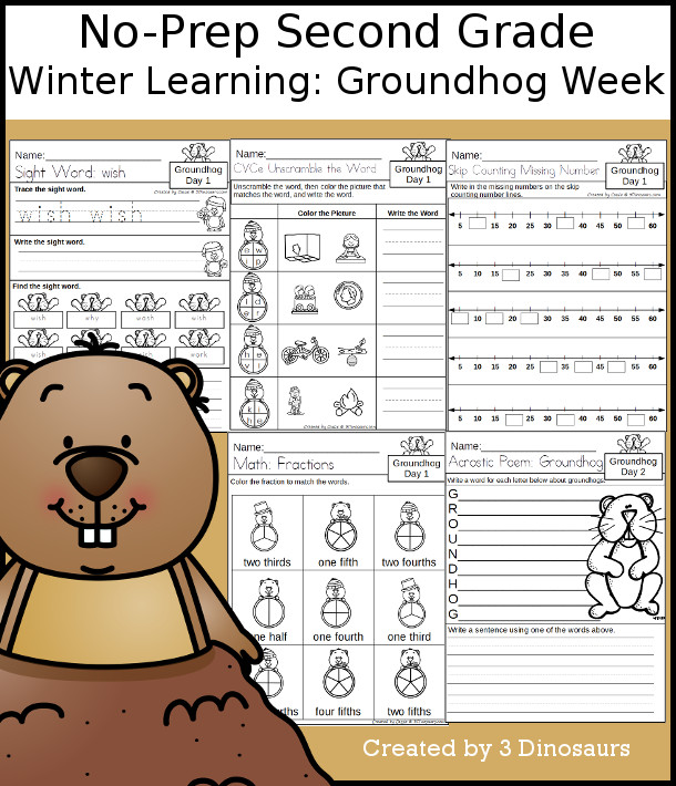 No-Prep Groundhog Day Themed Weekly Pack for Second Grade with 5 days of activities to do to learn with a winter Groundhog Day theme - 3Dinosaurs.com