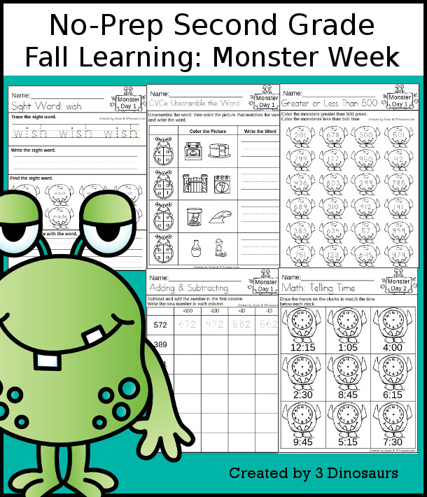 No-Prep Monster Themed Weekly Pack for Second Grade with 5 days of activities to do to learn with a fall Monster theme - 3Dinosaurs.com
