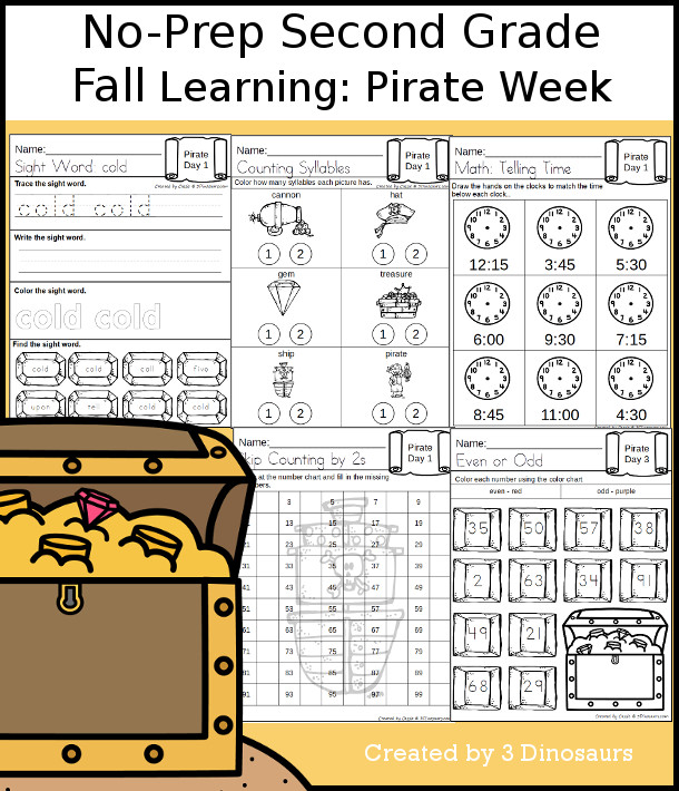 No-Prep Pirate Themed Weekly Packs for Second Grade with 5 days of activities to do to learn with a fall pirate theme - 3Dinosaurs.com