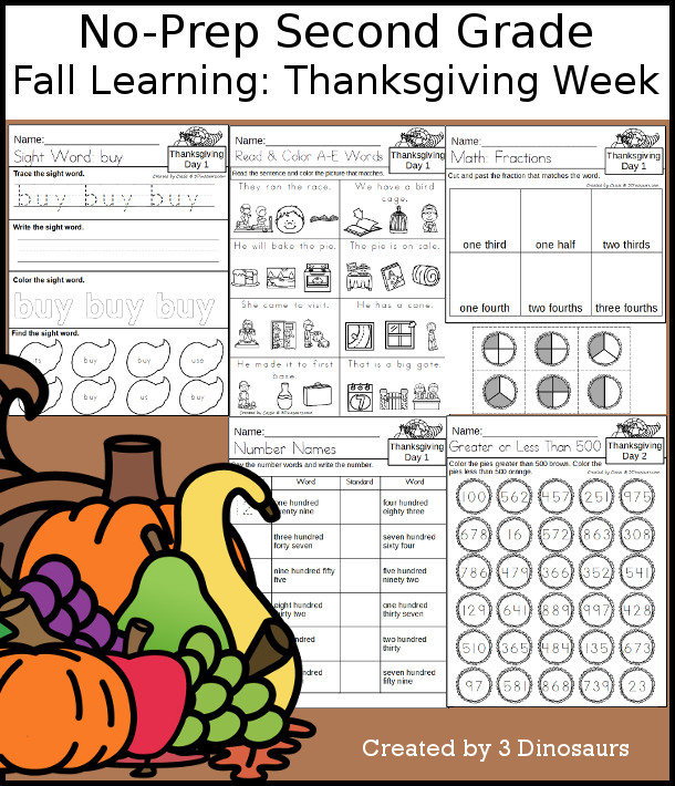 No-Prep Thanksgiving Themed Weekly Pack for Second Grade with 5 days of activities to do to learn with a Thanksgiving theme - 3Dinosaurs.com