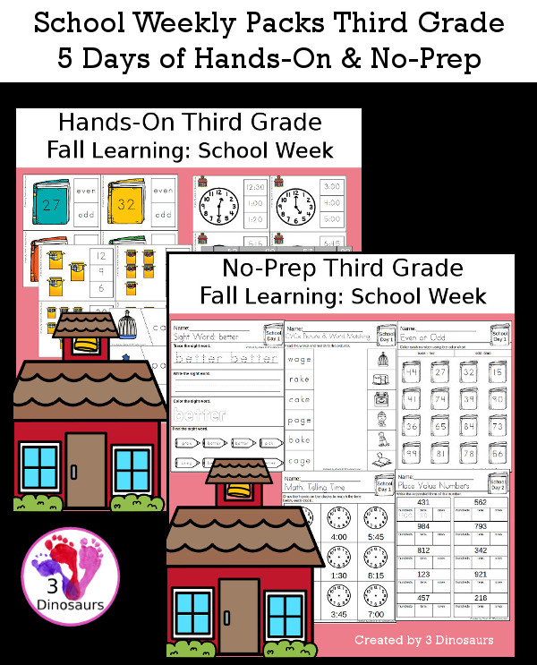 No-Prep & Hands-On School Themed Weekly Packs for Third with 5 days of activities to do to learn with a school theme - 3Dinosaurs.com