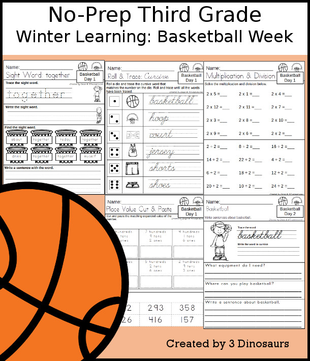 No-Prep Basketball Weekly Packs for Third Grade with 5 days of activities to do to learn with a winter Basketball.  - 3Dinosaurs.com