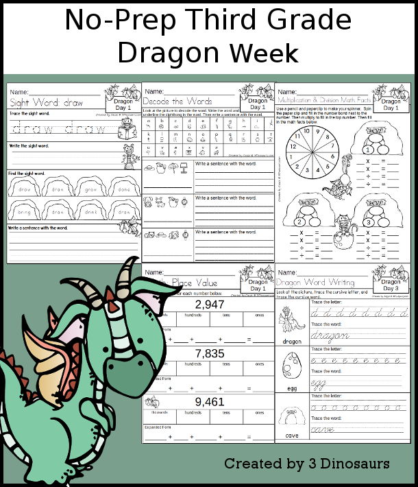 No-Prep Dragon Weekly Packs for Third Grade with 5 days of activities to do to learn with a Dragon theme.  - 3Dinosaurs.com