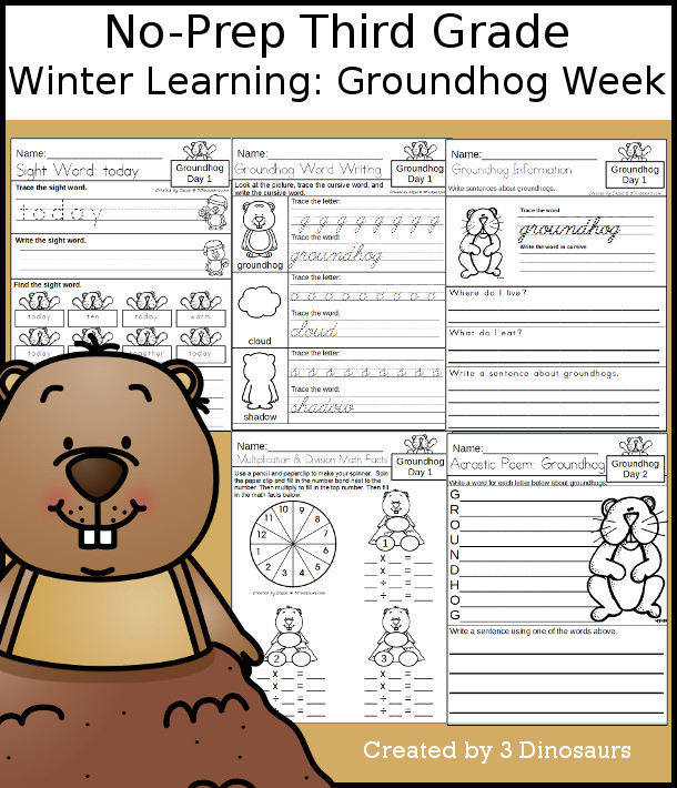 No-Prep Groundhog Day Themed Weekly Packs for Third Grade with 5 days of activities to do to learn with a winter Groundhog Day.  - 3Dinosaurs.com