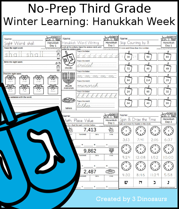 No-Prep Hanukkah Themed Weekly Packs for Third Grade with 5 days of activities to do to learn with a winter Hanukkah.  - 3Dinosaurs.com