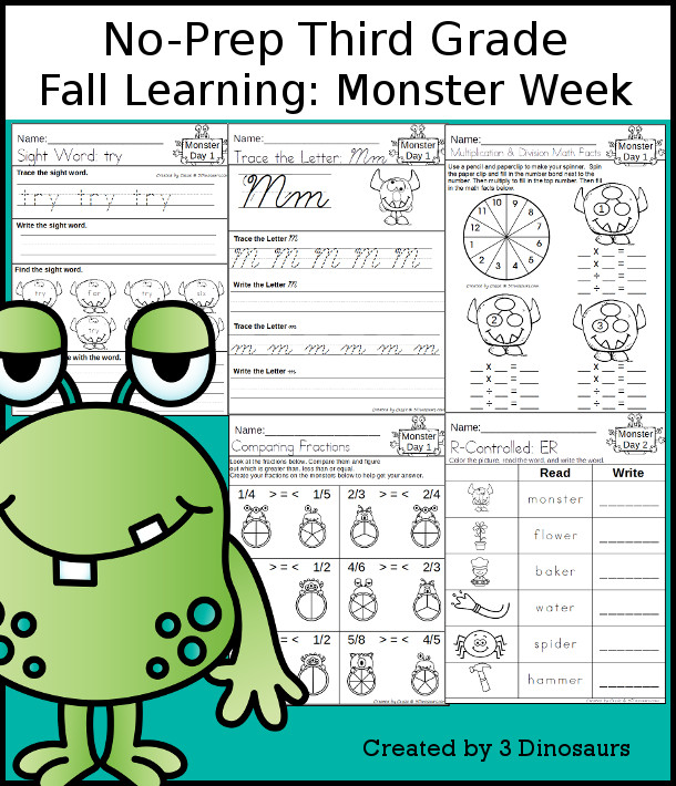 No-Prep Monster Themed Weekly Packs for Third Grade with 5 days of activities to do to learn with a fall Monster.  - 3Dinosaurs.com